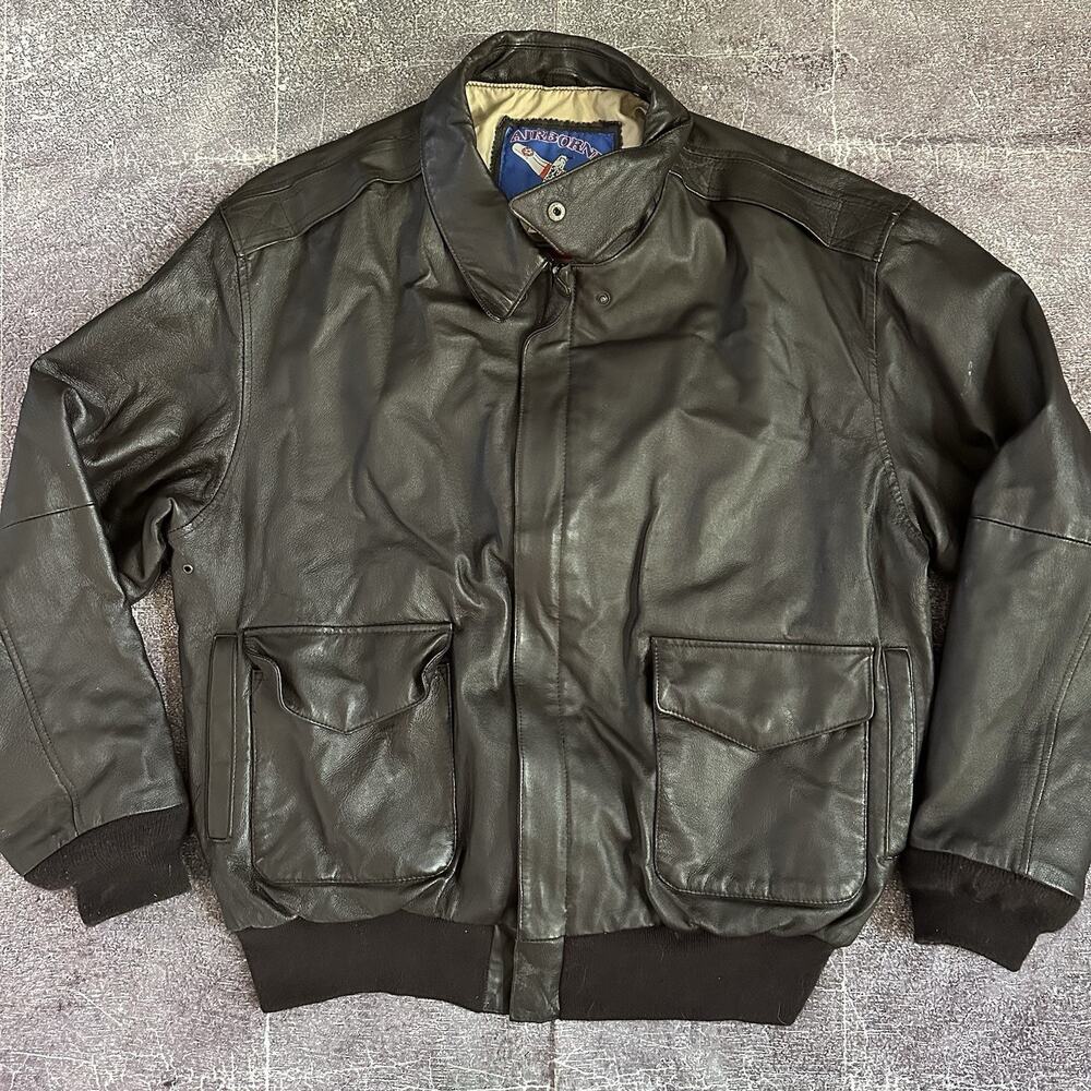 Men's Vintage 90's Airborne Dark Brown Leather A-2 Pilot Bomber Zip Jacket Sz XL